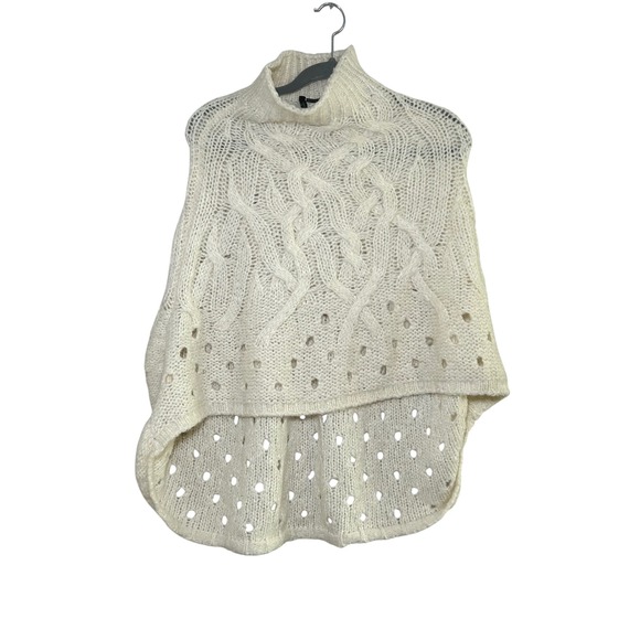 United Colors of Benetton Ivory Knit Poncho Open Weave Turtleneck Minimal Cozy - Picture 1 of 5